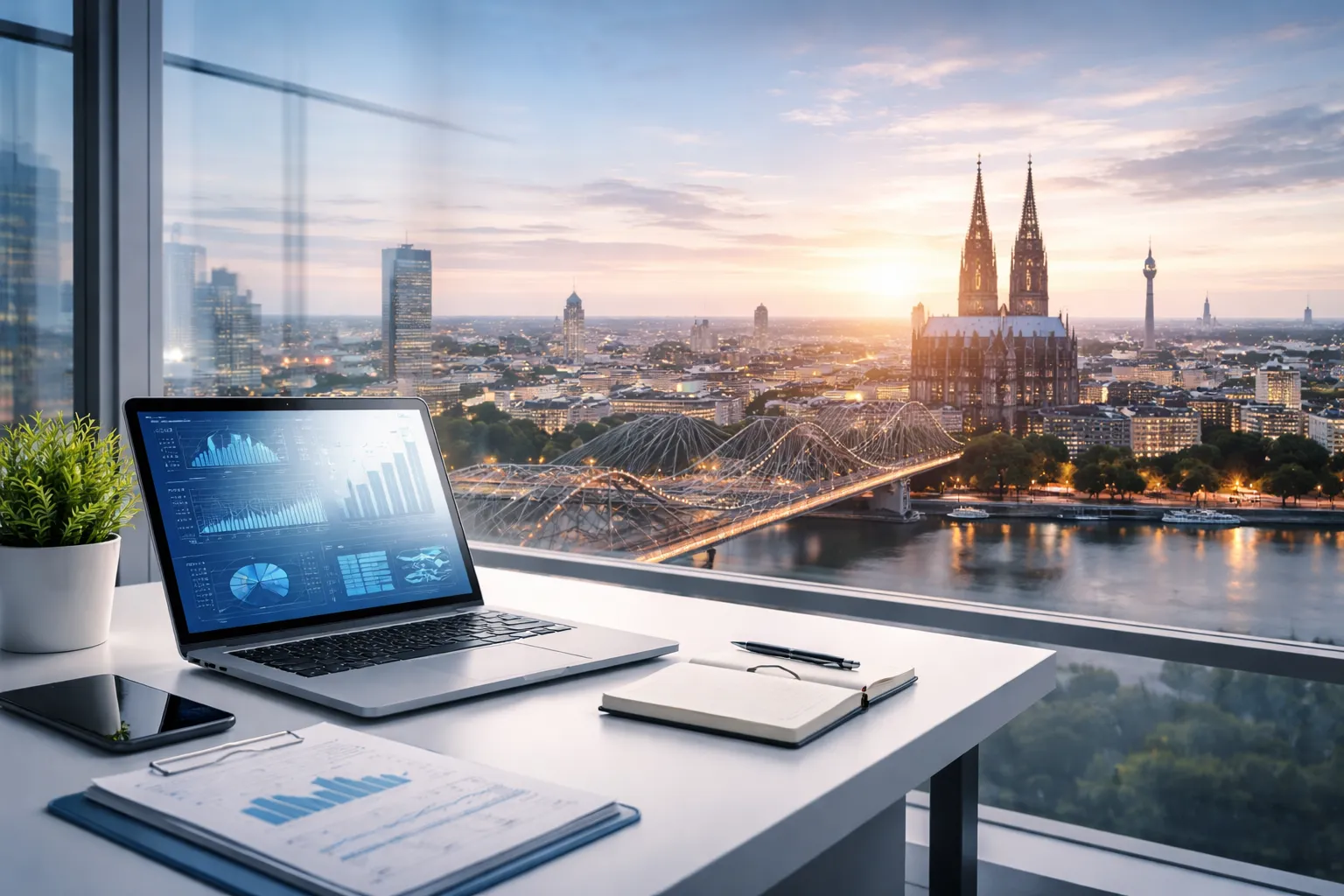 Modernes Büro mit Blick auf den Kölner Dom – Symbol für digitales Marketing, Websites und Automatisierung in Köln